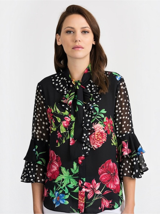Joseph Ribkoff Tops - Joseph Ribkoff Mixed Media Floral Polka Dot Ruffle Tie Neck Blouse Size 8